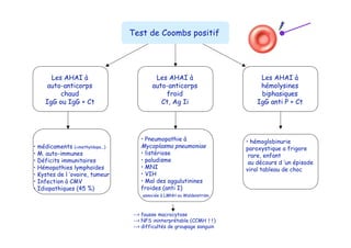Test de Coombs positif
Les AHAI à
auto-anticorps
chaud
IgG ou IgG + Ct
Les AHAI à
auto-anticorps
froid
Ct, Ag Ii
Les AHAI à
hémolysines
biphasiques
IgG anti P + Ct
• médicaments (αmethyldopa...)
• M. auto-immunes
• Déficits immunitaires
• Hémopathies lymphoïdes
• Kystes de l ’ovaire, tumeur
• Infection à CMV
• Idiopathiques (45 %)
• Pneumopathie à
Mycoplasma pneumoniae
• listériose
• paludisme
• MNI
• VIH
• Mal des aggulutinines
froides (anti I)
associée à LMNH ou Waldenström
• hémoglobinurie
paroxystique a frigore
rare, enfant
au décours d ’un épisode
viral tableau de choc
--> fausse macrocytose
--> NFS ininterprétable (CCMH ↑↑)
--> difficultés de groupage sanguin
 