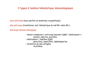 auto-anticorps (avec parfois un syndrome cryopathique)
allo-anticorps (transfusion, mal. hémolytique du nné Rh+ mère Rh-)
anticorps immuno-allergiques
- immun-complexes « anticorps (souvent IgM) / médicament »
quinine, aspirine, quinidine
- médicament = haptène (IgG)
pénicilline, ampicilline, céphalosporine
- formation de néo-antigène
diclofénac
3 types d ’anémie hémolytique immunologiques
 