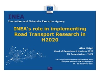 INEA
Innovation and Networks Executive Agency
Alan Haigh
Head of Department Horizon 2020
EU Commission – INEA
1st European Conference Results from Road
Transport Research in H2020 projects
29 - 30 November 2017
INEA’s role in implementing
Road Transport Research in
H2020
 