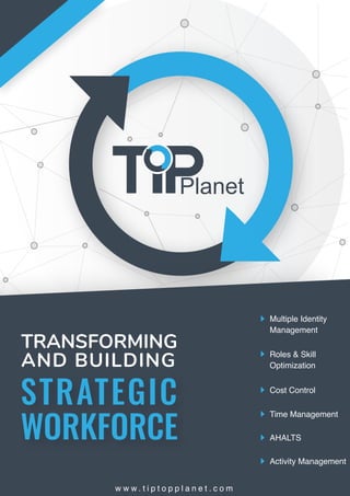 Planet
w w w . t i p t o p p l a n e t . c o m
Multiple Identity
Management
Roles & Skill
Optimization
AHALTS
Time Management
STRATEGIC
WORKFORCE
TRANSFORMING
AND BUILDING
Cost Control
Activity Management
 