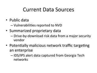 Current
Data
Sources
• Public
data
– Vulnerabili;es
reported
to
NVD
• Summarized
proprietary
data
– Drive-‐by-‐download
risk
data
from
a
major
security
vendor
• Poten;ally
malicious
network
traffic
targe;ng
an
enterprise
– IDS/IPS
alert
data
captured
from
Georgia
Tech
networks