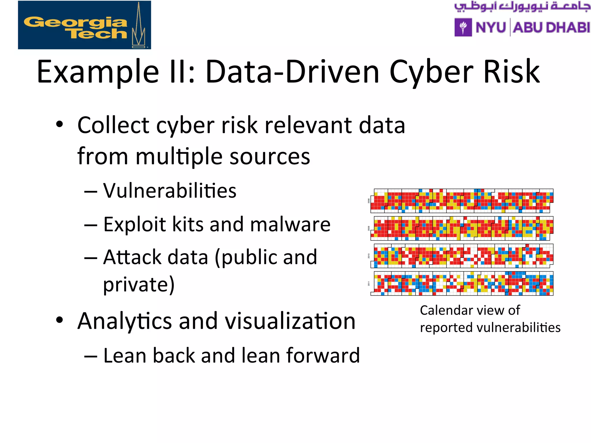 Example
II:
Data-‐Driven
Cyber
Risk
• Collect
cyber
risk
relevant
data
from
mul>ple
sources
– Vulnerabili>es
– Exploit
kits
and
malware
– AXack
data
(public
and
private)
• Analy>cs
and
visualiza>on
– Lean
back
and
lean
forward
Calendar
view
of
reported
vulnerabili>es