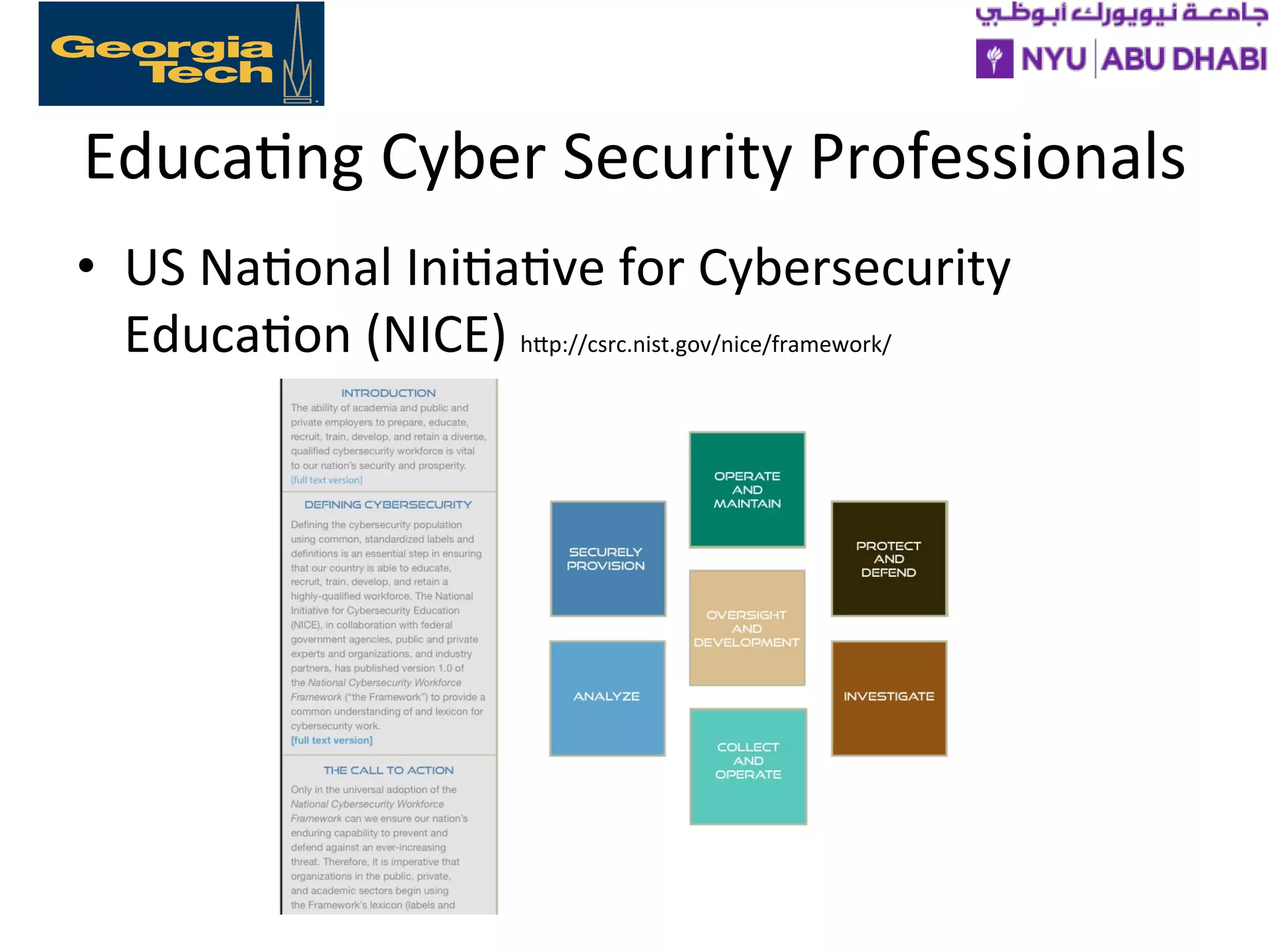 Educa>ng
Cyber
Security
Professionals
• US
Na>onal
Ini>a>ve
for
Cybersecurity
Educa>on
(NICE)
hXp://csrc.nist.gov/nice/framework/