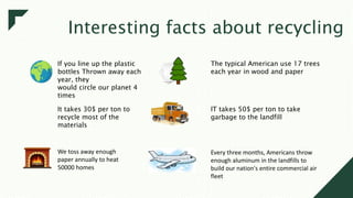 Interesting facts about recycling
If you line up the plastic
bottles Thrown away each
year, they
would circle our planet 4
times
The typical American use 17 trees
each year in wood and paper
It takes 30$ per ton to
recycle most of the
materials
IT takes 50$ per ton to take
garbage to the landfill
We toss away enough
paper annually to heat
50000 homes
Every three months, Americans throw
enough aluminum in the landfills to
build our nation's entire commercial air
fleet
 