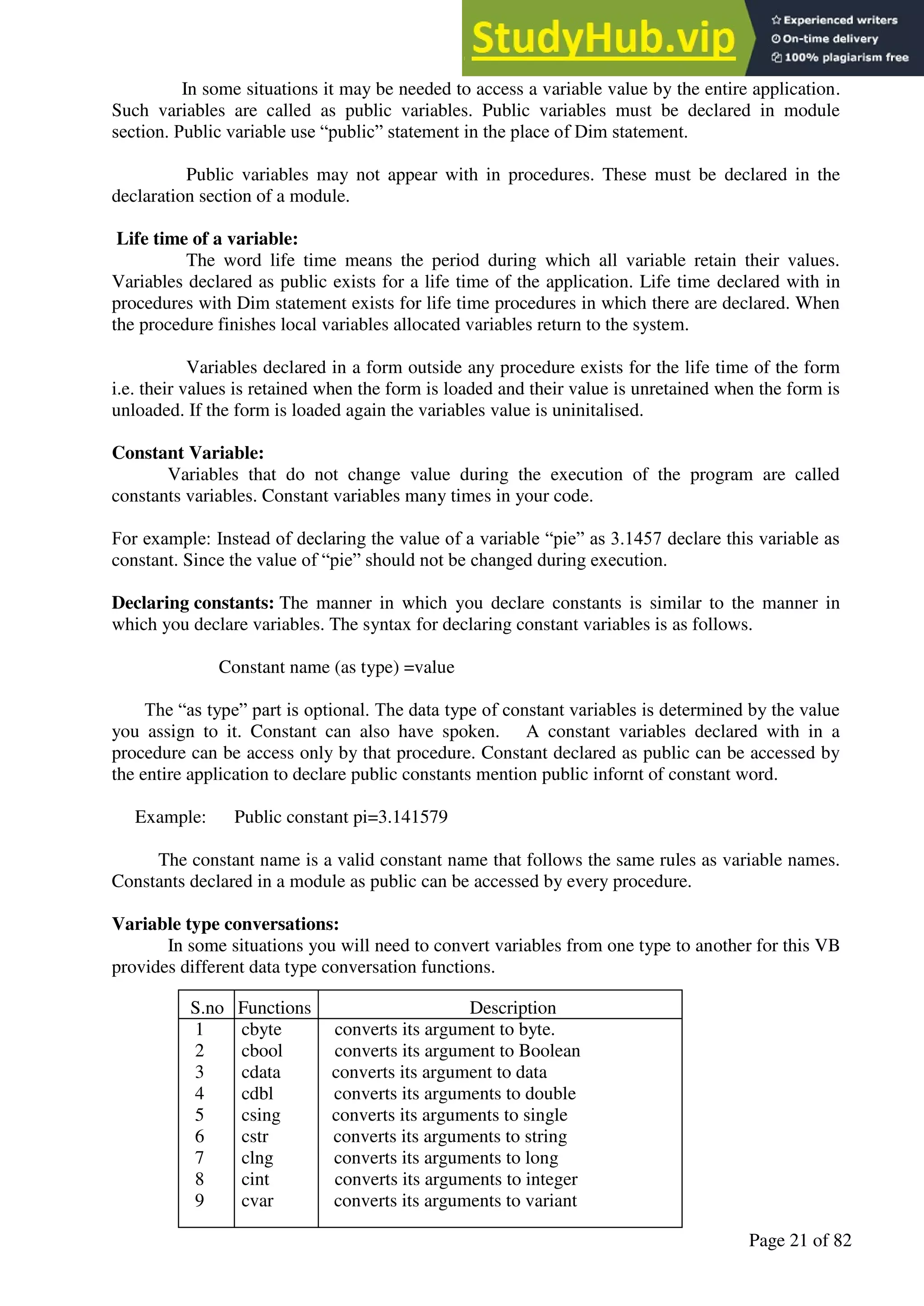 A Hand Book of Visual Basic 6.0
Page 21 of 82
In some situations it may be needed to access a variable value by the entire application.
Such variables are called as public variables. Public variables must be declared in module
section. Public variable use “public” statement in the place of Dim statement.
Public variables may not appear with in procedures. These must be declared in the
declaration section of a module.
Life time of a variable:
The word life time means the period during which all variable retain their values.
Variables declared as public exists for a life time of the application. Life time declared with in
procedures with Dim statement exists for life time procedures in which there are declared. When
the procedure finishes local variables allocated variables return to the system.
Variables declared in a form outside any procedure exists for the life time of the form
i.e. their values is retained when the form is loaded and their value is unretained when the form is
unloaded. If the form is loaded again the variables value is uninitalised.
Constant Variable:
Variables that do not change value during the execution of the program are called
constants variables. Constant variables many times in your code.
For example: Instead of declaring the value of a variable “pie” as 3.1457 declare this variable as
constant. Since the value of “pie” should not be changed during execution.
Declaring constants: The manner in which you declare constants is similar to the manner in
which you declare variables. The syntax for declaring constant variables is as follows.
Constant name (as type) =value
The “as type” part is optional. The data type of constant variables is determined by the value
you assign to it. Constant can also have spoken. A constant variables declared with in a
procedure can be access only by that procedure. Constant declared as public can be accessed by
the entire application to declare public constants mention public infornt of constant word.
Example: Public constant pi=3.141579
The constant name is a valid constant name that follows the same rules as variable names.
Constants declared in a module as public can be accessed by every procedure.
Variable type conversations:
In some situations you will need to convert variables from one type to another for this VB
provides different data type conversation functions.
S.no Functions Description
1 cbyte converts its argument to byte.
2 cbool converts its argument to Boolean
3 cdata converts its argument to data
4 cdbl converts its arguments to double
5 csing converts its arguments to single
6 cstr converts its arguments to string
7 clng converts its arguments to long
8 cint converts its arguments to integer
9 cvar converts its arguments to variant
 