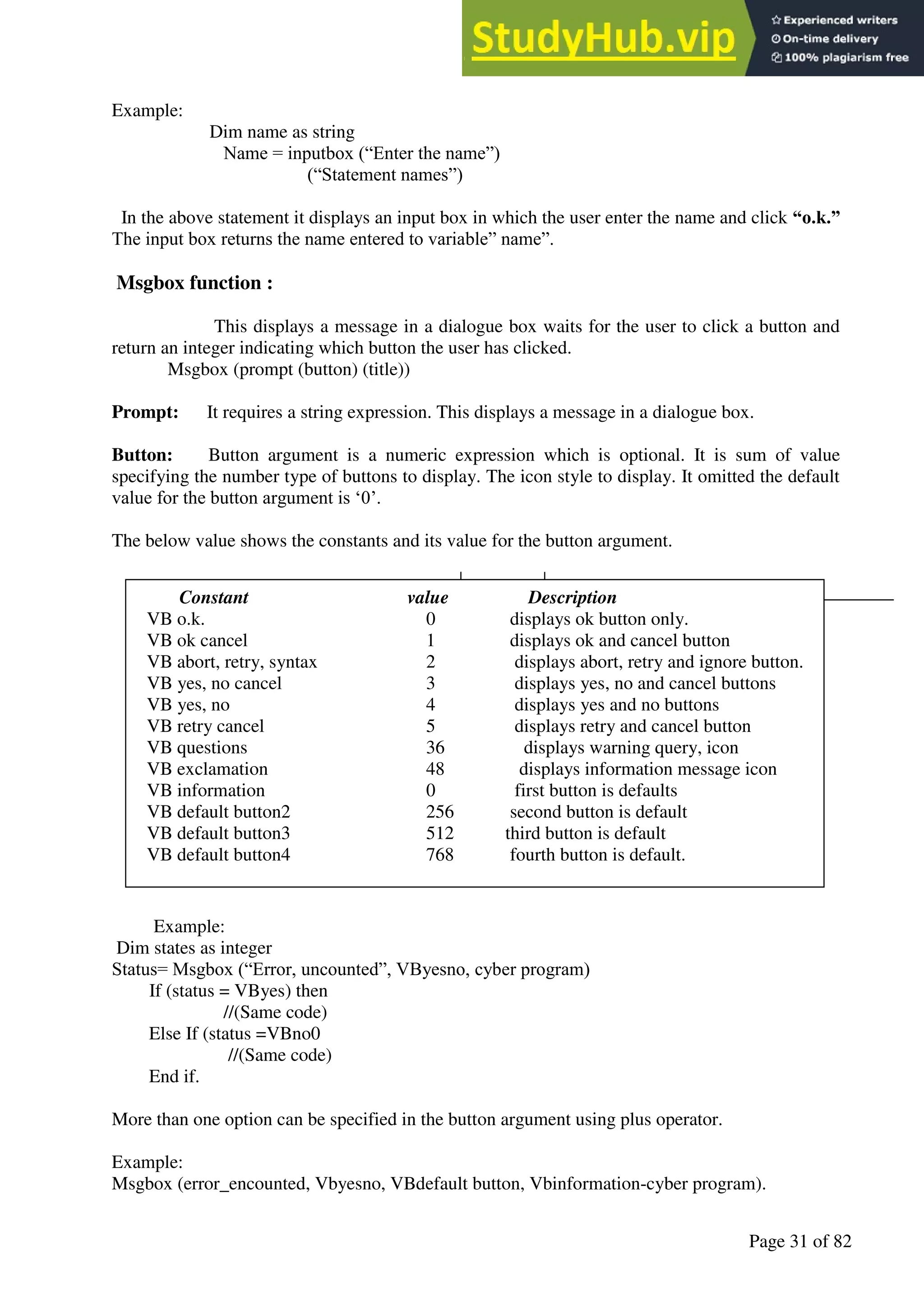 A Hand Book of Visual Basic 6.0
Page 31 of 82
Example:
Dim name as string
Name = inputbox (“Enter the name”)
(“Statement names”)
In the above statement it displays an input box in which the user enter the name and click “o.k.”
The input box returns the name entered to variable” name”.
Msgbox function :
This displays a message in a dialogue box waits for the user to click a button and
return an integer indicating which button the user has clicked.
Msgbox (prompt (button) (title))
Prompt: It requires a string expression. This displays a message in a dialogue box.
Button: Button argument is a numeric expression which is optional. It is sum of value
specifying the number type of buttons to display. The icon style to display. It omitted the default
value for the button argument is ‘0’.
The below value shows the constants and its value for the button argument.
Example:
Dim states as integer
Status= Msgbox (“Error, uncounted”, VByesno, cyber program)
If (status = VByes) then
//(Same code)
Else If (status =VBno0
//(Same code)
End if.
More than one option can be specified in the button argument using plus operator.
Example:
Msgbox (error_encounted, Vbyesno, VBdefault button, Vbinformation-cyber program).
Constant value Description
VB o.k. 0 displays ok button only.
VB ok cancel 1 displays ok and cancel button
VB abort, retry, syntax 2 displays abort, retry and ignore button.
VB yes, no cancel 3 displays yes, no and cancel buttons
VB yes, no 4 displays yes and no buttons
VB retry cancel 5 displays retry and cancel button
VB questions 36 displays warning query, icon
VB exclamation 48 displays information message icon
VB information 0 first button is defaults
VB default button2 256 second button is default
VB default button3 512 third button is default
VB default button4 768 fourth button is default.
 