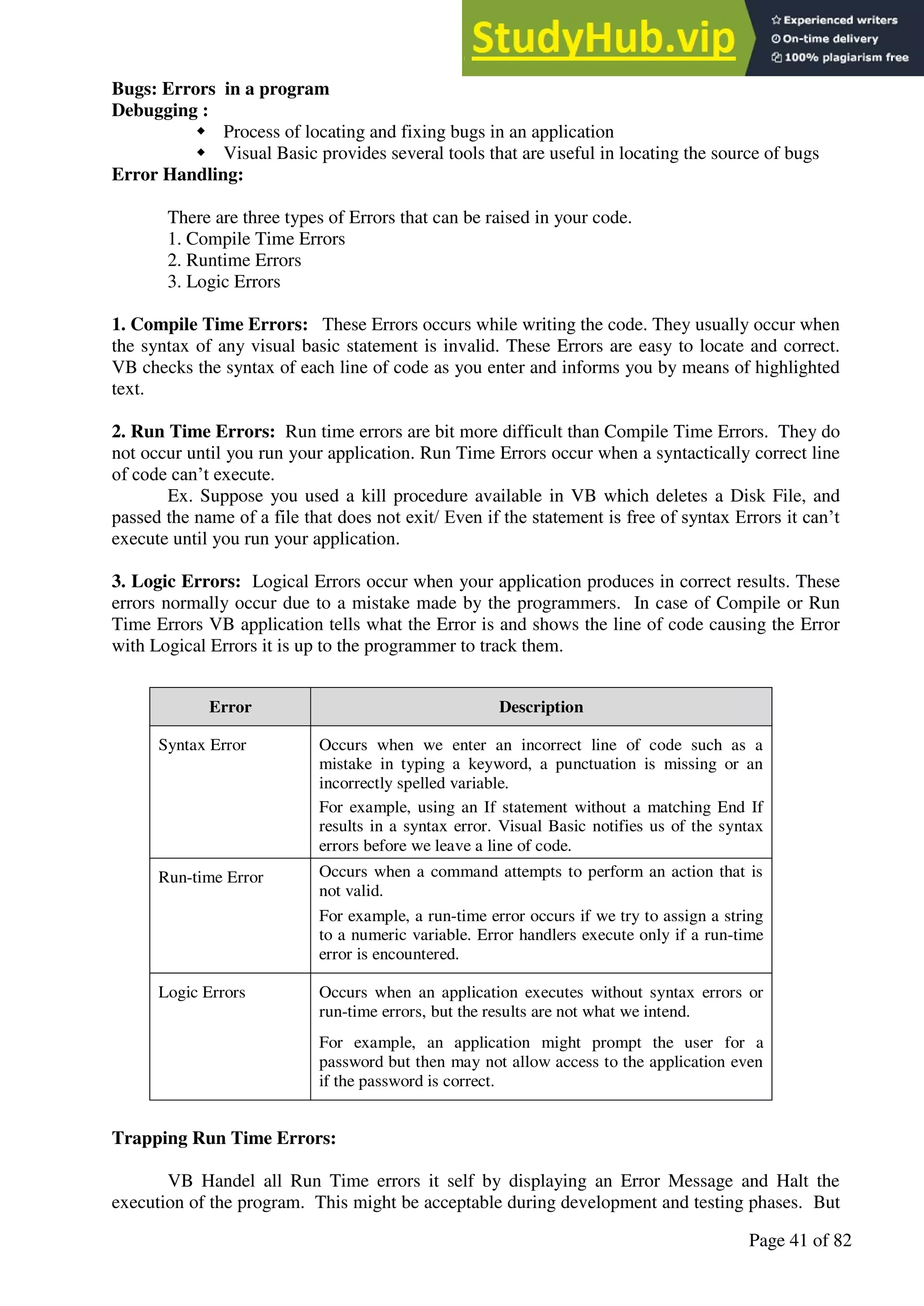 A Hand Book of Visual Basic 6.0
Page 41 of 82
Bugs: Errors in a program
Debugging :
 Process of locating and fixing bugs in an application
 Visual Basic provides several tools that are useful in locating the source of bugs
Error Handling:
There are three types of Errors that can be raised in your code.
1. Compile Time Errors
2. Runtime Errors
3. Logic Errors
1. Compile Time Errors: These Errors occurs while writing the code. They usually occur when
the syntax of any visual basic statement is invalid. These Errors are easy to locate and correct.
VB checks the syntax of each line of code as you enter and informs you by means of highlighted
text.
2. Run Time Errors: Run time errors are bit more difficult than Compile Time Errors. They do
not occur until you run your application. Run Time Errors occur when a syntactically correct line
of code can’t execute.
Ex. Suppose you used a kill procedure available in VB which deletes a Disk File, and
passed the name of a file that does not exit/ Even if the statement is free of syntax Errors it can’t
execute until you run your application.
3. Logic Errors: Logical Errors occur when your application produces in correct results. These
errors normally occur due to a mistake made by the programmers. In case of Compile or Run
Time Errors VB application tells what the Error is and shows the line of code causing the Error
with Logical Errors it is up to the programmer to track them.
Trapping Run Time Errors:
VB Handel all Run Time errors it self by displaying an Error Message and Halt the
execution of the program. This might be acceptable during development and testing phases. But
Error Description
Syntax Error Occurs when we enter an incorrect line of code such as a
mistake in typing a keyword, a punctuation is missing or an
incorrectly spelled variable.
For example, using an If statement without a matching End If
results in a syntax error. Visual Basic notifies us of the syntax
errors before we leave a line of code.
Run-time Error Occurs when a command attempts to perform an action that is
not valid.
For example, a run-time error occurs if we try to assign a string
to a numeric variable. Error handlers execute only if a run-time
error is encountered.
Logic Errors Occurs when an application executes without syntax errors or
run-time errors, but the results are not what we intend.
For example, an application might prompt the user for a
password but then may not allow access to the application even
if the password is correct.
 