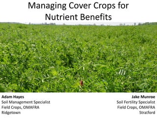 Adam Hayes
Soil Management Specialist
Field Crops, OMAFRA
Ridgetown
Jake Munroe
Soil Fertility Specialist
Field Crops, OMAFRA
Stratford
Managing Cover Crops for
Nutrient Benefits
1
 
