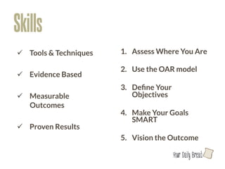 Skills
    ü  Tools & Techniques
   1.  Assess Where You Are

                              2.  Use the OAR model
    ü  Evidence Based
                              3.  Deﬁne Your
    ü  Measurable                Objectives 
        Outcomes
                              4.  Make Your Goals
                                  SMART
    ü  Proven Results 

                             5.  Vision the Outcome
                              
                                                 l
 