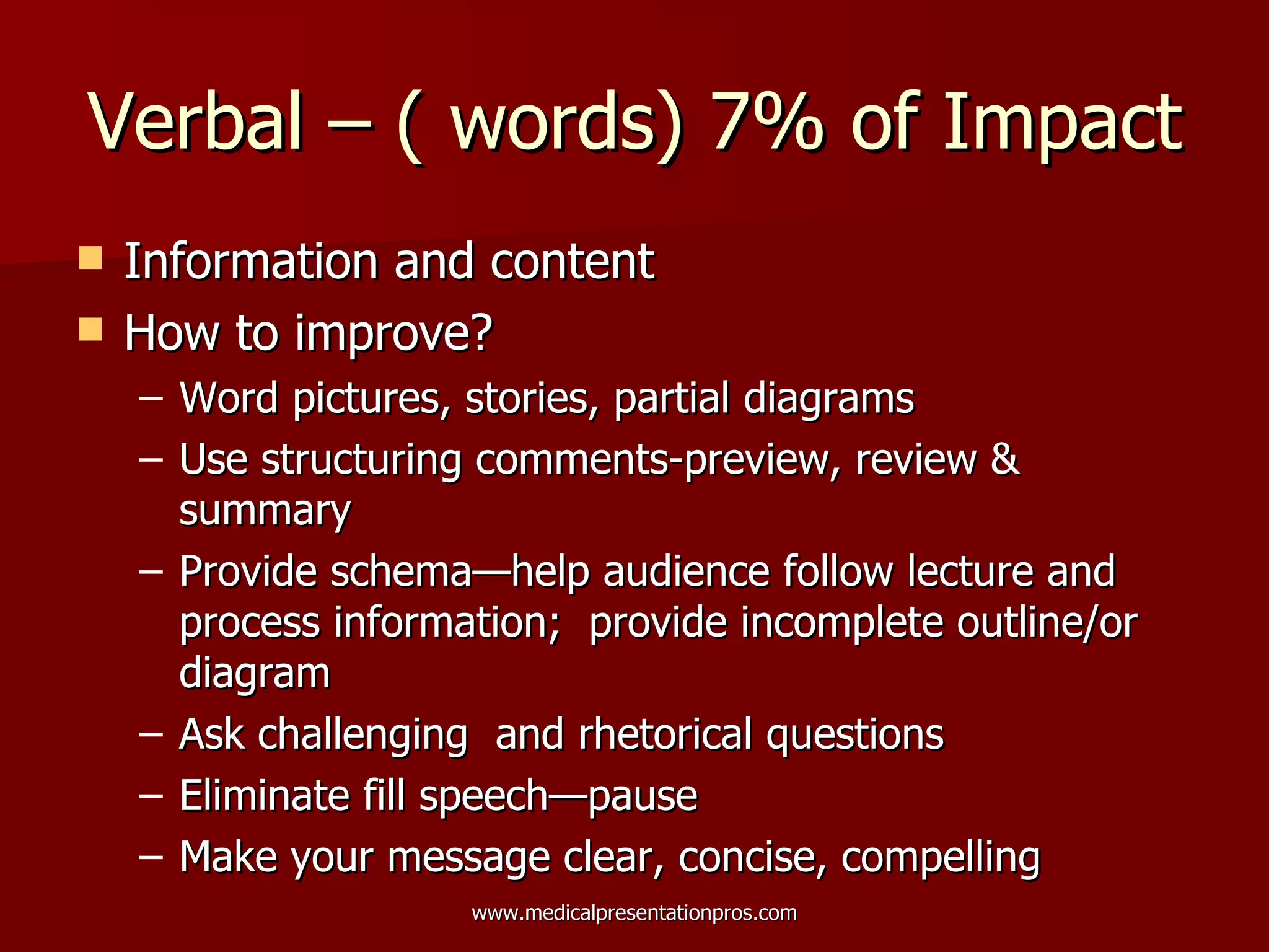 Verbal – ( words) 7% of Impact Information and content How to improve? Word pictures, stories, partial diagrams Use structuring comments-preview, review & summary Provide schema—help audience follow lecture and process information;  provide incomplete outline/or diagram Ask challenging  and rhetorical questions Eliminate fill speech—pause  Make your message clear, concise, compelling 