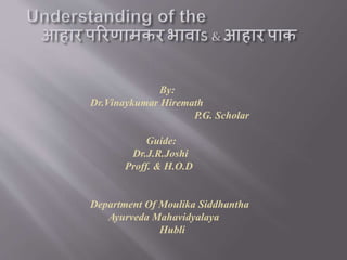 By:
Dr.Vinaykumar Hiremath
P.G. Scholar
Guide:
Dr.J.R.Joshi
Proff. & H.O.D
Department Of Moulika Siddhantha
Ayurveda Mahavidyalaya
Hubli
 