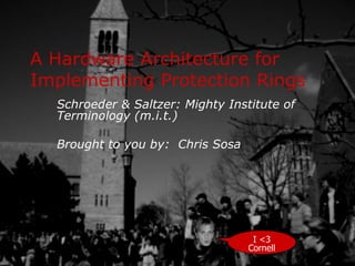 A Hardware Architecture for Implementing Protection Rings Schroeder & Saltzer: Mighty Institute of Terminology (m.i.t.) Brought to you by:  Chris Sosa I <3 Cornell 