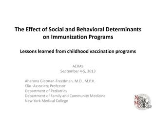 The Effect of Social and Behavioral Determinants
on Immunization Programs
Lessons learned from childhood vaccination programs
AERAS
September 4-5, 2013
Aharona Glatman-Freedman, M.D., M.P.H.
Clin. Associate Professor
Department of Pediatrics
Department of Family and Community Medicine
New York Medical College

 