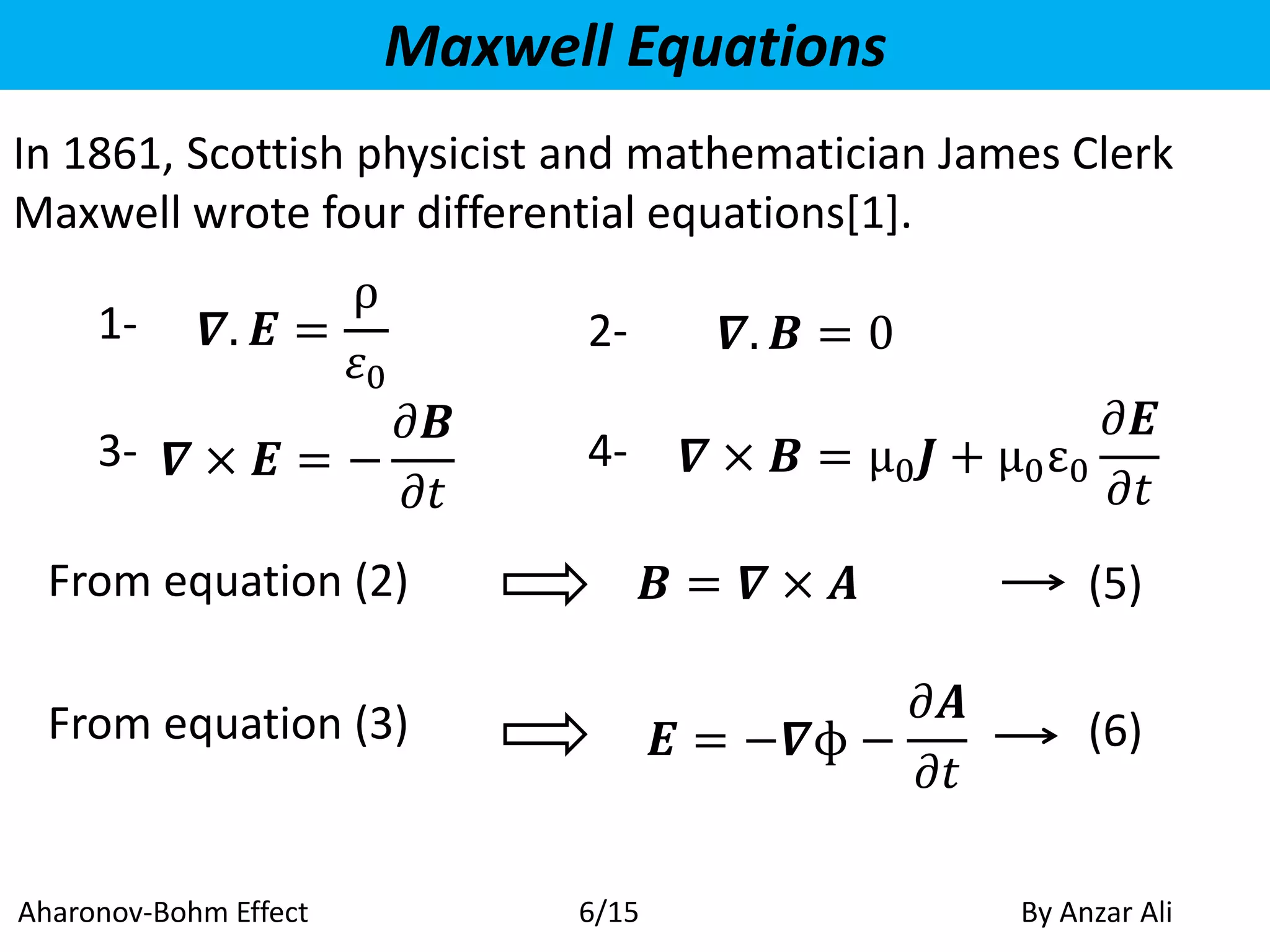 Maxwell Equations
𝜵. 𝑬 =
ρ
𝜀0
𝜵 × 𝑬 = −
𝜕𝑩
𝜕𝑡
𝜵. 𝑩 = 0
𝜵 × 𝑩 = μ0 𝑱 + μ0ε0
𝜕𝑬
𝜕𝑡
𝑩 = 𝜵 × 𝑨
𝑬 = −𝜵ɸ −
𝜕𝑨
𝜕𝑡
1- 2-
3- 4-
From equation (2)
From equation (3)
Aharonov-Bohm Effect By Anzar Ali6/15
(5)
(6)
In 1861, Scottish physicist and mathematician James Clerk
Maxwell wrote four differential equations[1].
 