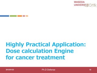 WASEDA
UNIVERSITY
Highly Practical Application:
Dose calculation Engine
for cancer treatment
2012/01/23 32Ph.D Defense
 
