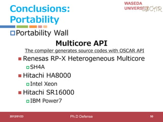 WASEDA
UNIVERSITY
Conclusions:
Portability
Portability Wall
Multicore API
The compiler generates source codes with OSCAR API
 Renesas RP-X Heterogeneous Multicore
 SH4A
 Hitachi HA8000
 Intel Xeon
 Hitachi SR16000
 IBM Power7
2012/01/23 50Ph.D Defense
 