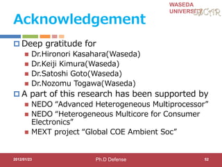 WASEDA
UNIVERSITY
Acknowledgement
 Deep gratitude for
 Dr.Hironori Kasahara(Waseda)
 Dr.Keiji Kimura(Waseda)
 Dr.Satoshi Goto(Waseda)
 Dr.Nozomu Togawa(Waseda)
 A part of this research has been supported by
 NEDO “Advanced Heterogeneous Multiprocessor”
 NEDO “Heterogeneous Multicore for Consumer
Electronics”
 MEXT project “Global COE Ambient Soc”
2012/01/23 52Ph.D Defense
 
