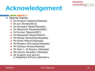 WASEDA
UNIVERSITY
Acknowledgement
 Special thanks
 Dr.Hirofumi Nakano(Waseda)
 Dr.Jun Shirako(Rice)
 Dr.Yasutaka Wada(Waseda)
 Dr.Takamichi Miyamoto(NEC)
 Dr.Fumiyo Takano(NEC)
 Dr.Masayoshi Mase(Hitachi)
 Mr.Sekiya Yamashita(Waseda)
 Mr.Hiroki Mikami(Waseda)
 Mr.Mamoru Shimaoka(Waseda)
 Mr.Yoshiya Hirase(Waseda)
 Mr.Yasir I. Al-Dosary (Waseda)
 Ms.Cecilia Gonzalez (Waseda)
 All student and alumni
in Kasahara Kimura Laboratory
2012/01/23 53Ph.D Defense
 