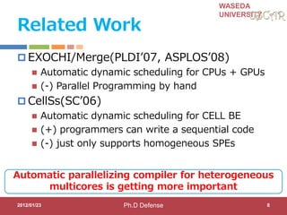 WASEDA
UNIVERSITY
Related Work
 EXOCHI/Merge(PLDI’07, ASPLOS’08)
 Automatic dynamic scheduling for CPUs + GPUs
 (-) Parallel Programming by hand
 CellSs(SC’06)
 Automatic dynamic scheduling for CELL BE
 (+) programmers can write a sequential code
 (-) just only supports homogeneous SPEs
2012/01/23
Automatic parallelizing compiler for heterogeneous
multicores is getting more important
8Ph.D Defense
 