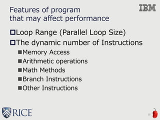 Features of program
that may affect performance
Loop Range (Parallel Loop Size)
The dynamic number of Instructions
Memory Access
Arithmetic operations
Math Methods
Branch Instructions
Other Instructions
10
 
