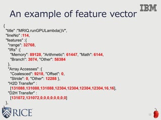 An example of feature vector
12
{
"title" :"MRIQ.runGPULambda()V",
"lineNo" :114,
"features" :{
"range": 32768,
"IRs" :{
"Memory": 89128, "Arithmetic": 61447, "Math": 6144,
"Branch": 3074, "Other": 58384
},
"Array Accesses" :{
"Coalesced": 9218, "Offset": 0,
"Stride": 0, "Other": 12288 },
"H2D Transfer" :
[131088,131088,131088,12304,12304,12304,12304,16,16],
"D2H Transfer" :
[131072,131072,0,0,0,0,0,0,0,0]
},
}
 