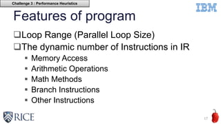 Features of program
Loop Range (Parallel Loop Size)
The dynamic number of Instructions in IR
 Memory Access
 Arithmetic Operations
 Math Methods
 Branch Instructions
 Other Instructions
17
Challenge 3 : Performance Heuristics
 