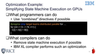 Optimization Example:
Simplifying State Machine Execution on GPUs
12
What programmers can do
 Use “combined” directives if possible
What compilers can do
 Remove state machine execution if possible
 IBM XL compiler performs such an optimization
#pragma omp target teams distributed parallel for …
for (int i = 0; i < N; i++) {
C[i] = A[i] + B[i];
}
 