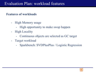Features of workloads
- High Memory usage
- High opportunity to make swap happen
- High Locality
- Continuous objects are selected as GC target
- Target workload
- Sparkbench: SVDPlusPlus / Logistic Regression
Evaluation Plan: workload features
 