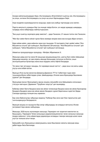 Анкара кийлигишкендердин бири, Инстаграмдагы #mercihahenri сыяктуу эле, Инстаграмдагы
эң сонун, анткени Инстаграмдагы эң сонун иш алып баргандардын бири.
Анри жүздөгөн ишенимдүүлүктүн алдында, жума күнү жабыр тарткандар үчүн келген.
Паркта импульсту храмдын бир түн ичинде пайда болгон, ал жерде адамдар шамдарды,
гүлдөрдү жана кабарларды жайгаштырышкан.
"Биз ушул сыяктуу окуяларга даяр эмеспиз", - деди Ганасали, 21 жашка толгон лео Ганасали.
"Мен бул сейил бакта ойной турган бала кезимде келдим жана аза күтүүдө абдан катаал».
Кара кийим кийип, кара кийинген жана жүз ташуудан 10 сантиметр (төрт дюйм) чейин "Иса
Машаяктын атына" деп кыйкырып, бир-биринин айтымында, "Иса Машаяктын атынан" деп
кыйкырып, "Ыйса Машайактын атынан" деп кыйкырып жаткандыр.
Аймактык прокурорлордун прокурору - Матфис Абдалмасих Х.
Жакында швед улуттук жана 30 жашында ажырашкандыктан, шектүү буга чейин Швецияда
Швецияда жашаган, ал эми апрель айында Качкындар статусуна ээ болгон, анын
эксплуатациялык булактары жана анын мурдагы аялы Афпке билдирди.
"Ал мени төрт ай мурун чакырды. Ал чиркөөдө жашап жатты", - деди анын экс-аялы швед
улутун ала албай калган.
Француз Ички иштер министри Джералд Дарманин TF1ге "себептери туура эмес
түшүндүрүлбөгөн себептерден улам, Швейцарияда, Италия жана Францияда башпаанек
сураган" деп билдирди.
Францияда өзүнүн Франциядагы арызы акыркы жекшемби күнү Швециядагы качкындын
статусун жактырып, Дарманин "Троублинг кокустук" деп мүнөздөдү.
Күбөлөр сейил бакта бандана жана көз айнек тилкесинде бандана жана көз айнек букачарлар
бандарга бандарга жана көз айнек менен бандарга чуркап баратканын сүрөттөп берди.
Сахнада куралдуу полиция аны кармаган.
Бир нече байкоочулар чабуулдун видеосу Twitterде бир нече саат бою таркатылган деп
тынчсыздануусун билдиришти.
Франция акыркы он жылдыкта бир катар чабуулдарды же алардын көпчүлүгү Ислам
экстремисттери менен жабыркады.
Жакында, 2020-жылы мугалимдин жанында, Париждеги чет элдиктеги мектептин эң
башындагы, Париждеги Чечен качкындын радикализацияланган чечен качкынын жанында
кеңири жайылып, түпкү аймактарда радикалдык исламдын таасири жөнүндө шокко жана
улуттук талашка алып келди.
Бейшемби күнү Франциянын иммиграциясы жана башпаанек саясаты жөнүндө жаңы
дебаттарды баса белгиледи.
 