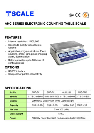 • Internal resolution: 1/600,000
• Responds quickly with accurate
weights
• Application programs include: Piece
counting, preset tare, piece checking
alarm, accumulation
• Battery provides up to 90 hours of
continuous use
FEATURES
AHC SERIES ELECTRONIC COUNTING TABLE SCALE
Art No AHC-3K AHC-6K AHC-15K AHC-30K
Item No 01TS-D-WS004 01TS-D-WS005 01TS-D-WS006 01TS-D-WS007
Display 20MM LCD Display With White LED Backlight
Capacity 3KG x 0.1G 6KG x 0.2G 15KG x 0.5G 30KG x 1G
Pan Size 230 x 300 (MM)
Gross Weight 5.1KG
Power AC 230V Power Cord With Rechargeable Battery (6V/4Ah)
• RS232 interface
• Computer or printer connectivity
OPTIONS
SPECIFICATIONS
 