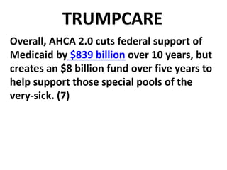 TRUMPCARE
Overall, AHCA 2.0 cuts federal support of
Medicaid by $839 billion over 10 years, but
creates an $8 billion fund over five years to
help support those special pools of the
very-sick. (7)
 
