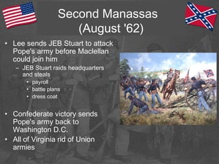 Second Manassas
(August '62)
• Lee sends JEB Stuart to attack
Pope's army before Maclellan
could join him
– JEB Stuart raids headquarters
and steals
• payroll
• battle plans
• dress coat
• Confederate victory sends
Pope's army back to
Washington D.C.
• All of Virginia rid of Union
armies
 