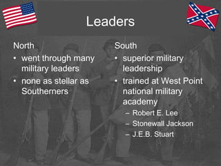 Leaders
North
• went through many
military leaders
• none as stellar as
Southerners
South
• superior military
leadership
• trained at West Point
national military
academy
– Robert E. Lee
– Stonewall Jackson
– J.E.B. Stuart
 