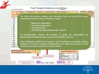 Con todos estos valores y alguno más, intentamos hacer una previsión de camas
necesarias par el día en curso, teniendo en cuenta:

* Número de camas libres
* % Urgencias ingresadas
* Altas preavisadas
* Actividad quirúrgica programada y urgente
El funcionamiento rutinario del hospital se puede ver sorprendidio por
determinadas contingencias que a veces son previsibles y otras no.
Estos indicadores objetivos nos ayudan a tomar decisiones que pueden implicar
cambios en circuitos de trabajo preestablecidos con el objeto de preservar en todo
momento una asistencia eficiente y de gran calidad.

 