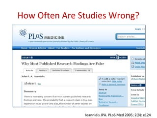 How Often Are Studies Wrong?




               Ioannidis JPA. PLoS Med 2005; 2(8): e124
 