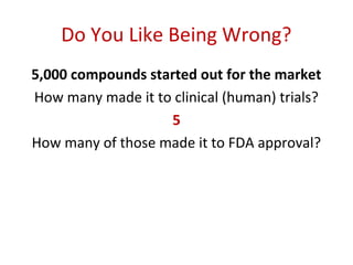 Do You Like Being Wrong?
5,000 compounds started out for the market
How many made it to clinical (human) trials?
         ...