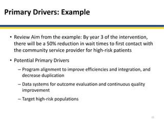 Primary Drivers: Example
• Review Aim from the example: By year 3 of the intervention,
there will be a 50% reduction in wait times to first contact with
the community service provider for high-risk patients
• Potential Primary Drivers
– Program alignment to improve efficiencies and integration, and
decrease duplication
– Data systems for outcome evaluation and continuous quality
improvement
– Target high-risk populations
15
 