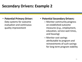 Secondary Drivers: Example 2
18
• Potential Primary Driver:
Data systems for outcome
evaluation and continuous
quality improvement
• Potential Secondary Drivers:
– Monitor community progress
on established outcome
measures (e.g., employment,
education, service wait times,
and housing)
– Monitor cost savings
attributable to program and
reinvestments of such savings
for long-term program stability
 