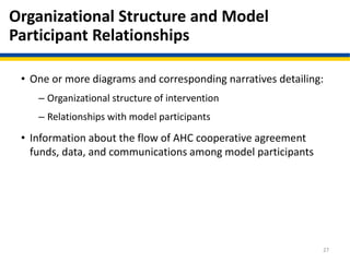 Organizational Structure and Model
Participant Relationships
• One or more diagrams and corresponding narratives detailing:
– Organizational structure of intervention
– Relationships with model participants
• Information about the flow of AHC cooperative agreement
funds, data, and communications among model participants
27
 