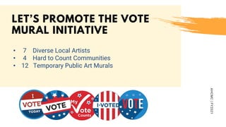 AHCMC|FY2021
LET’S PROMOTE THE VOTE
MURAL INITIATIVE
• 7 Diverse Local Artists
• 4 Hard to Count Communities
• 12 Temporary Public Art Murals
 