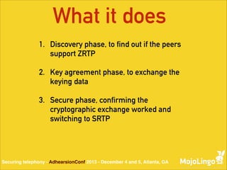 What it does
1. Discovery phase, to find out if the peers
support ZRTP
2. Key agreement phase, to exchange the
keying data
3. Secure phase, confirming the
cryptographic exchange worked and
switching to SRTP

Securing telephony - AdhearsionConf 2013 - December 4 and 5, Atlanta, GA

 