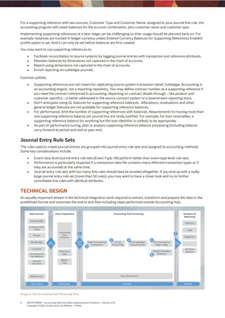 8 WHITE PAPER | Accounting Hub Cloud Best Implementation Practices | Version [1.4]
Copyright © 2021, Oracle and/or its affiliates | Public
For a supporting reference with two sources, Customer Type and Customer Name, assigned to your journal line rule, the
accounting program will create balances for the account combination, plus customer name and customer type.
Implementing supporting references at a later stage can be challenging so their usage should be planned early on. For
example: balances are tracked in ledger currency unless Entered Currency Balances for Supporting References Enabled
profile option is set. And it can only be set before balances are first created.
You may want to use supporting references to:
 Facilitate reconciliation to source systems by tagging journal entries with transaction and reference attributes.
 Maintain balances by dimensions not captured in the chart of accounts.
 Report using dimensions not captured in the chart of accounts.
 Enrich reporting on subledger journals.
Common pitfalls:
 Supporting references are not meant for replicating source system transaction detail. Subledger Accounting is
an accounting engine, not a reporting repository. You may define contract number as a supporting reference if
you need the contract referenced in accounting. Reporting on contract details through – like product and
customer specifics – is better addressed in the source contract system or a downstream reporting store.
 Don’t anticipate using GL features for supporting reference balances. Allocations, revaluations and other
general ledger features are not available for supporting reference balances.
 For performance, limit the number of supporting references with balances. Requirements for having more than
one supporting reference balance per journal line are rarely justified. For example, for loan receivables, a
supporting reference balance for anything but the loan identifier is unlikely to be appropriate.
 As part of performance tuning, plan to analyze supporting reference balance processing (including balance
carry forward at period-end and at year-end.
Journal Entry Rule Sets
The rules used to create journal entries are grouped into journal entry rule sets and assigned to accounting methods.
Some key considerations include:
 Event class level journal entry rule sets (Event Type: All) perform better than event type level rule sets.
 Performance is particularly impacted if a transaction data file contains many different transaction types or if
they are accounted at the same time.
 Journal entry rule sets with too many line rules should best be avoided altogether. If you end up with a really
large journal entry rule set (more than 50 rules), you may want to have a closer look and try to further
consolidate line rules with identical attributes.
TECHNICAL DESIGN
An equally important stream is the technical integration work required to extract, transform and prepare the data in the
predefined format and automate the end to end flow including steps performed outside Accounting Hub.
Image 4. The Accounting Hub Processing Flow
 