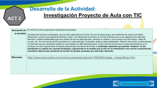 N2
Desarrollo de la Actividad:
Investigación Proyecto de Aula con TIC
ACT 2
Descripción de
la Actividad
En el link los niños responden la actividad de educaplay
Corresponde al estudio autodirigido, que no está organizado por el tutor sino por el propio grupo, que determina las tareas que deben
distribuirse y quién se encargará de llevarlas a cabo. Los estudiantes acuerdan con el tutor el tiempo que se les asignará para esta fase.
Asimismo, deberá facilitárseles todos los medios de que se disponga para alcanzar su objetivo, como acceso a la información, salas de
reunión, etc. Se recomienda dividir el problema en subproblemas o submetas. Asignar responsabilidades. Obtener información y sistematizarla.
Un elemento que es importante resaltar es que trabajar con ABP demanda tener un alto nivel de autonomía por parte del estudiante, al no
contarse con este requerimiento el maestro deberá estar pendiente de brindar el andamiaje respectivo que permita “disparar” en los
estudiantes su espíritu de consulta focalizada. Lógicamente en la medida que el niño se va enfrentando a los nuevos conocimientos
el profesor deberá estar pendiente de brindar las ayudas ajustadas que esta labor demande.
Recursos http://www.educaplay.com/es/recursoseducativos/1455480/reglas_ortograficas.htm
Volver a actividades
 