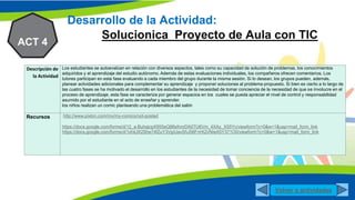 N2
Desarrollo de la Actividad:
Solucionica Proyecto de Aula con TIC
ACT 4
Descripción de
la Actividad
Los estudiantes se autoevalúan en relación con diversos aspectos, tales como su capacidad de solución de problemas, los conocimientos
adquiridos y el aprendizaje del estudio autónomo. Además de estas evaluaciones individuales, los compañeros ofrecen comentarios. Los
tutores participan en esta fase evaluando a cada miembro del grupo durante la misma sesión. Si lo desean, los grupos pueden, además,
planear actividades adicionales para complementar su aprendizaje y proponer soluciones al problema propuesto. Si bien es cierto a lo largo de
las cuatro fases se ha motivado el desarrollo en los estudiantes de la necesidad de tomar conciencia de la necesidad de que se involucre en el
proceso de aprendizaje, esta fase se caracteriza por generar espacios en los cuales se pueda apreciar el nivel de control y responsabilidad
asumido por el estudiante en el acto de enseñar y aprender.
los niños realizan un comic planteando una problemática del salón
Recursos http://www.pixton.com/mx/my-comics/not-posted
https://docs.google.com/forms/d/12_a-BuhajcpX955eQ86sfnnrDA0TU6Vm_4XAz_X55Yc/viewform?c=0&w=1&usp=mail_form_link
https://docs.google.com/forms/d/1xhiLW2She74fZuY3VjpUavShJ56FnHQVNIe4SY371O0/viewform?c=0&w=1&usp=mail_form_link
Volver a actividades
 