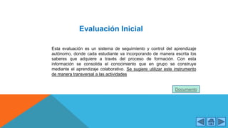 Evaluación Inicial
Esta evaluación es un sistema de seguimiento y control del aprendizaje
autónomo, donde cada estudiante va incorporando de manera escrita los
saberes que adquiere a través del proceso de formación. Con esta
información se consolida el conocimiento que en grupo se construye
mediante el aprendizaje colaborativo. Se sugiere utilizar este instrumento
de manera transversal a las actividades
Documento
 