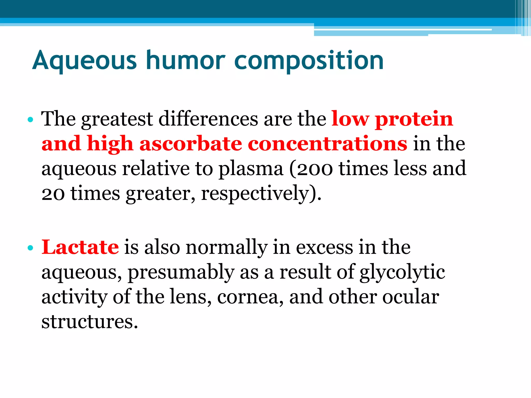 Aqueous humor composition
• The greatest differences are the low protein
and high ascorbate concentrations in the
aqueous relative to plasma (200 times less and
20 times greater, respectively).
• Lactate is also normally in excess in the
aqueous, presumably as a result of glycolytic
activity of the lens, cornea, and other ocular
structures.
 