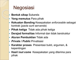 Negosiasi
 Bentuk sikap Sukarela
 Yang memutus Para pihak
 Kekuatan Banding Kesepakatan enforceable sebagai
kontrak (pacta sunt servanda)
 Pihak ketiga Tidak ada pihak ketiga
 Derajad formalitas Informal dan tidak berstruktur
 Aturan Pembuktian Tidak ada
 Private / Public Privatisasi
 Karakter proses Presentasi bukti, argumen, &
kepentingan
 Hasil /out come Kesepakatan yang diterima para
pihak
 