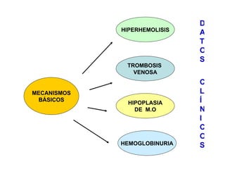 MECANISMOS BÁSICOS HIPERHEMOLISIS TROMBOSIS  VENOSA HIPOPLASIA DE  M.O HEMOGLOBINURIA DATOS CLÍNICOS 