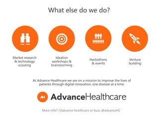 More info? //advance.healthcare or buzz @advanceHC
At Advance Healthcare we are on a mission to improve the lives of
patients through digital innovation, one disease at a time.
Market research
& technology
scouting
Ideation
workshops &
brainstorming
Hackathons
& events
Venture
building
What else do we do?
 