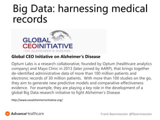 Big Data: harnessing medical
records
Global CEO Initiative on Alzheimer’s Disease
Optum Labs is a research collaborative, founded by Optum (healthcare analytics
company) and Mayo Clinic in 2013 (later joined by AARP), that brings together
de-identified administrative data of more than 100 million patients and
electronic records of 30 million patients. With more than 100 studies on the go,
they aim to generate new predictive models and comparative-effectiveness
evidence. For example, they are playing a key role in the development of a
global Big Data research initiative to fight Alzheimer’s Disease
http://www.ceoalzheimersinitiative.org/
Frank Boermeester @fboermeester
 